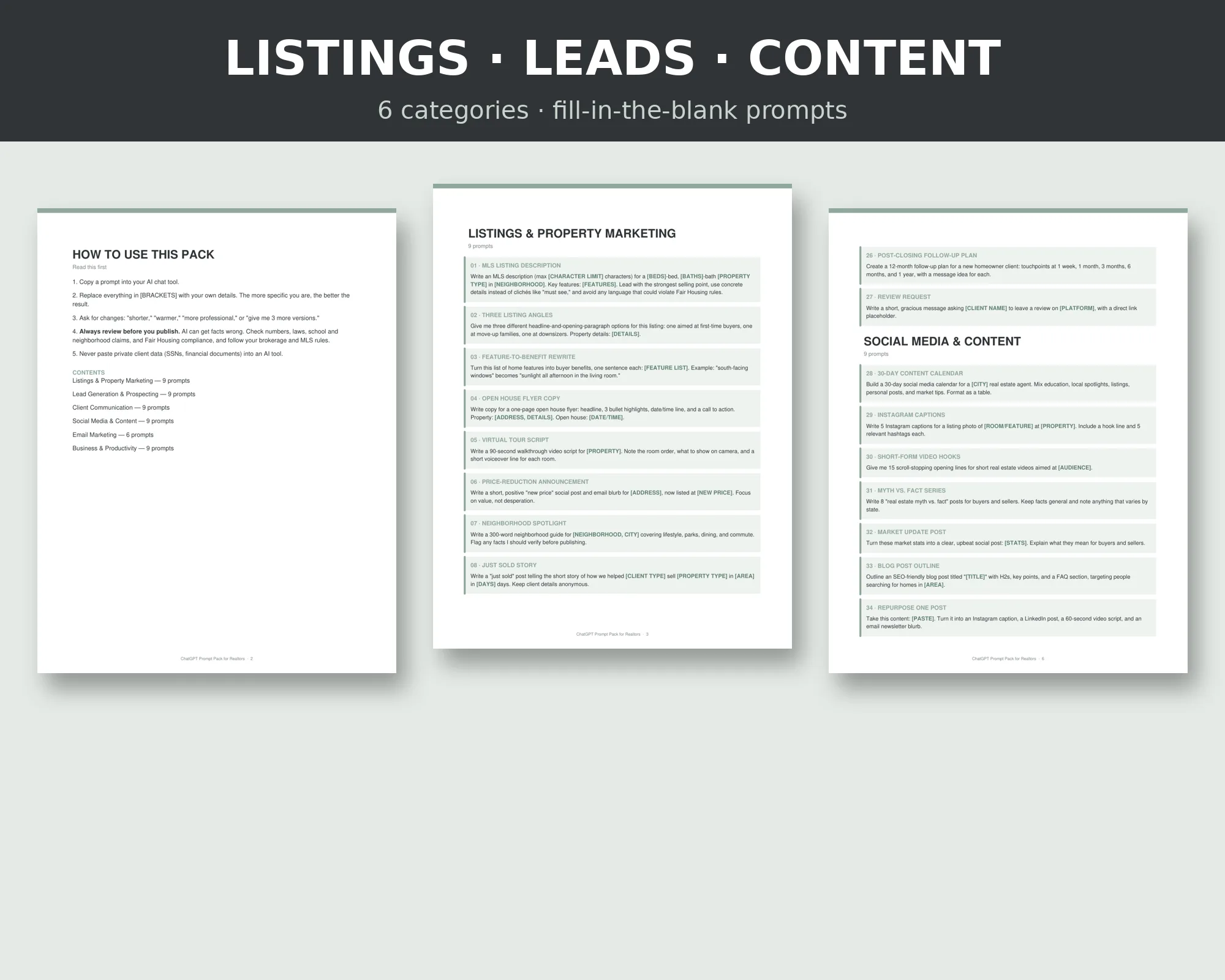 Sample pages from the realtor prompt pack
